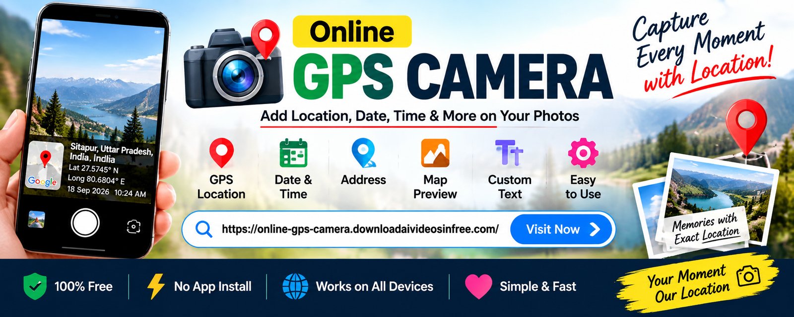Online GPS Camera - add GPS location, date, time, address and map preview to your photos